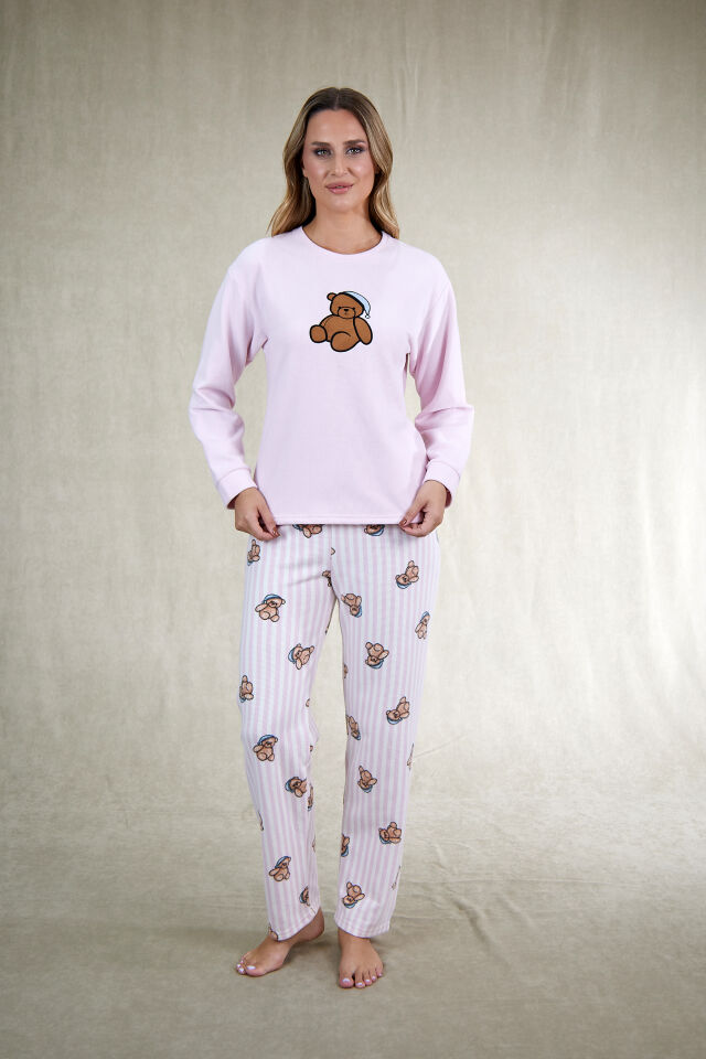 Estiva Kadın Ayıcık Desenli Pembe Waffle Kumaş Pijama Takımı alternatif görsel