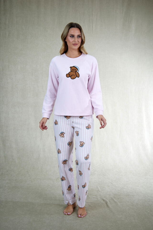 Estiva Kadın Ayıcık Desenli Pembe Waffle Kumaş Pijama Takımı