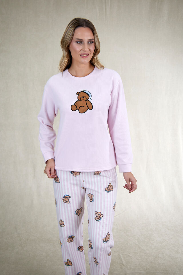Estiva Kadın Ayıcık Desenli Pembe Waffle Kumaş Pijama Takımı
