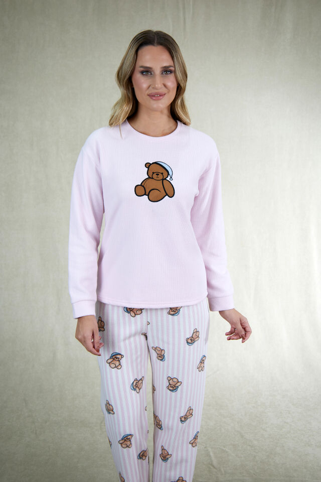 Estiva Kadın Ayıcık Desenli Pembe Waffle Kumaş Pijama Takımı