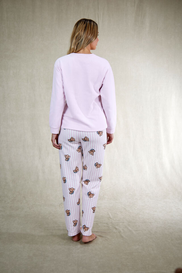 Estiva Kadın Ayıcık Desenli Pembe Waffle Kumaş Pijama Takımı