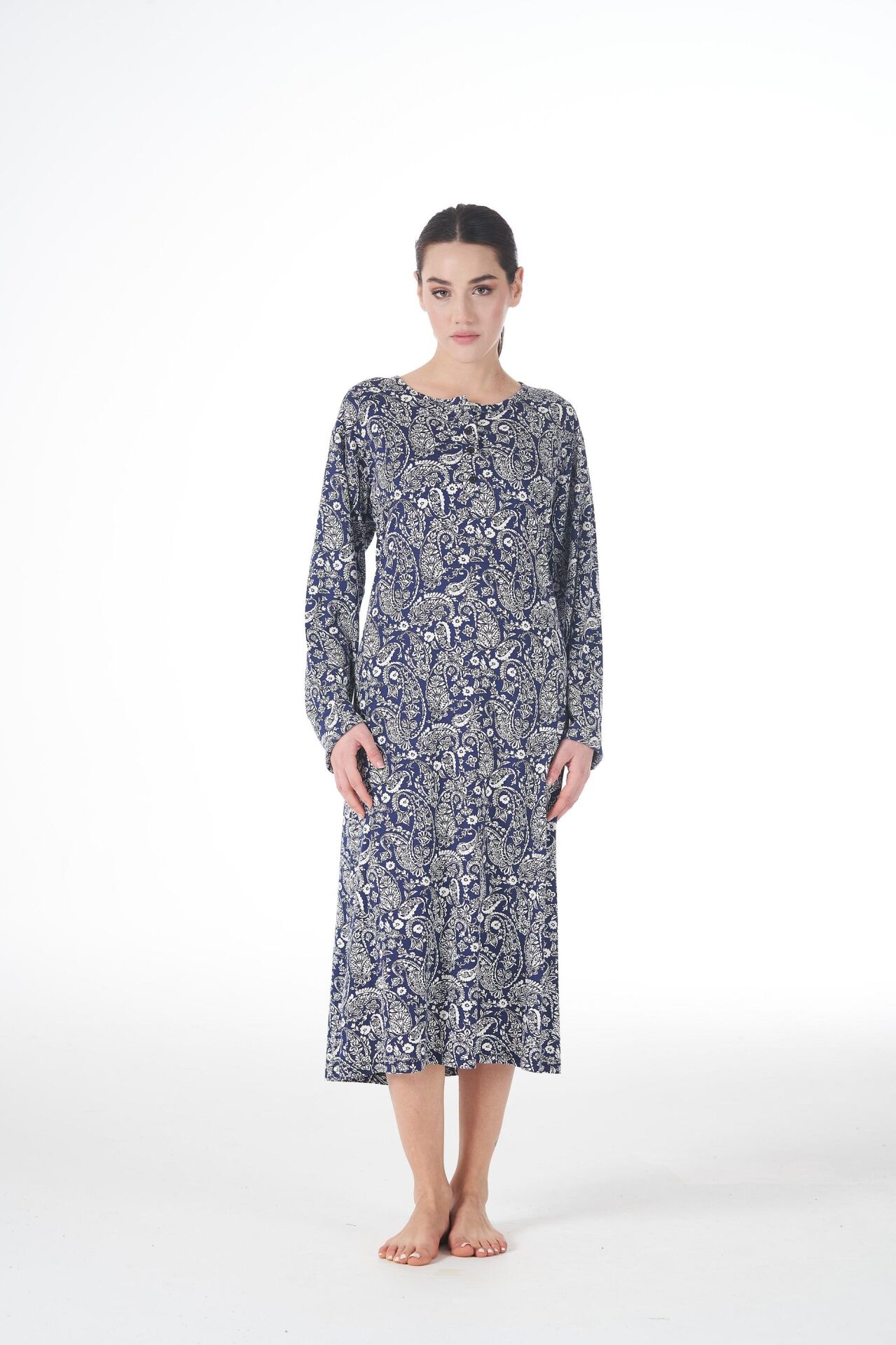 Kadın Yazlık Desenli Uzun Kollu Düğmeli Lycra Viskon Günlük Elbise 2XL - Mavi