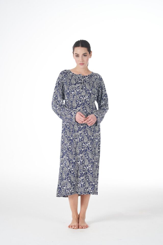 Kadın Yazlık Desenli Uzun Kollu Düğmeli Lycra Viskon Günlük Elbise 2XL - Mavi