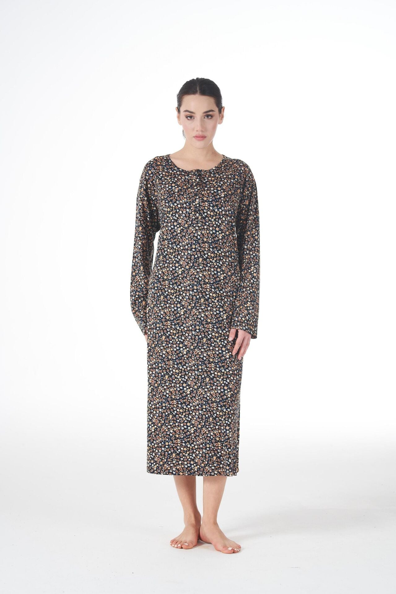 Kadın Yazlık Desenli Uzun Kollu Düğmeli Lycra Viskon Günlük Elbise 2XL - Sarı