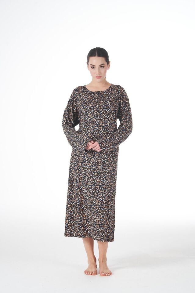 Kadın Yazlık Desenli Uzun Kollu Düğmeli Lycra Viskon Günlük Elbise 2XL - Sarı