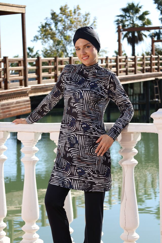 Estiva Lineer Desenli Taytlı Tam Kapalı Tesettür Mayo