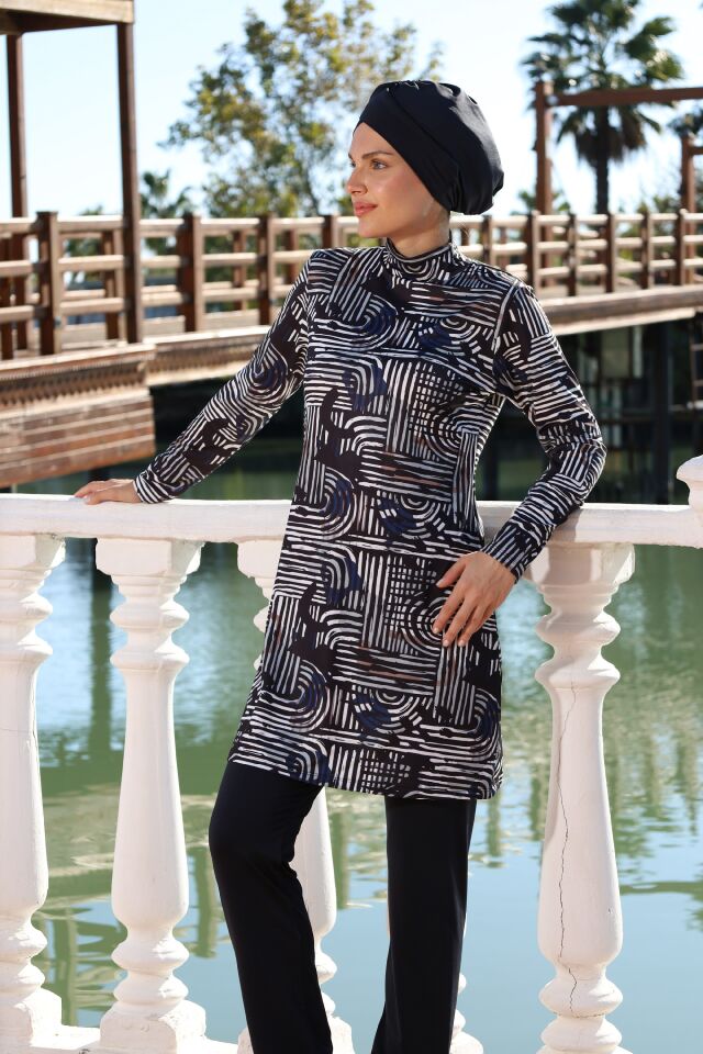 Estiva Lineer Desenli Taytlı Tam Kapalı Tesettür Mayo