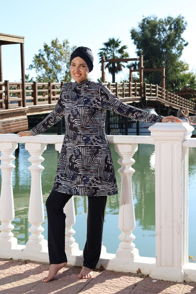 Estiva Lineer Desenli Taytlı Tam Kapalı Tesettür Mayo