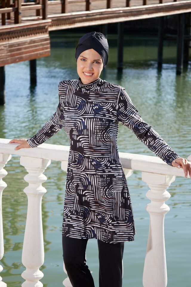 Estiva Lineer Desenli Taytlı Tam Kapalı Tesettür Mayo