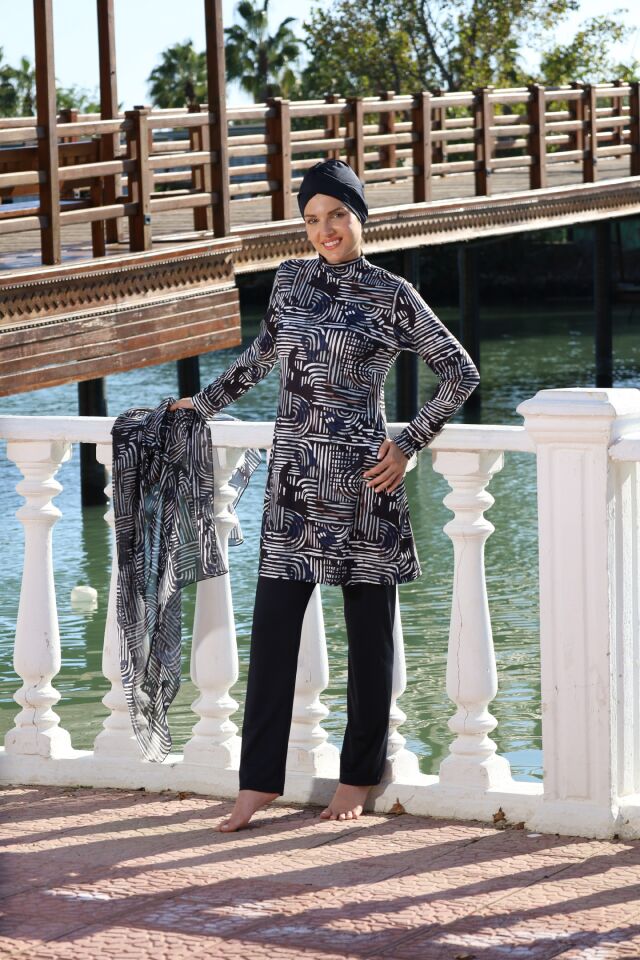 Estiva Lineer Desenli Taytlı Tam Kapalı Tesettür Mayo