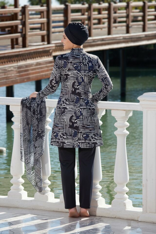 Estiva Lineer Desenli Taytlı Tam Kapalı Tesettür Mayo