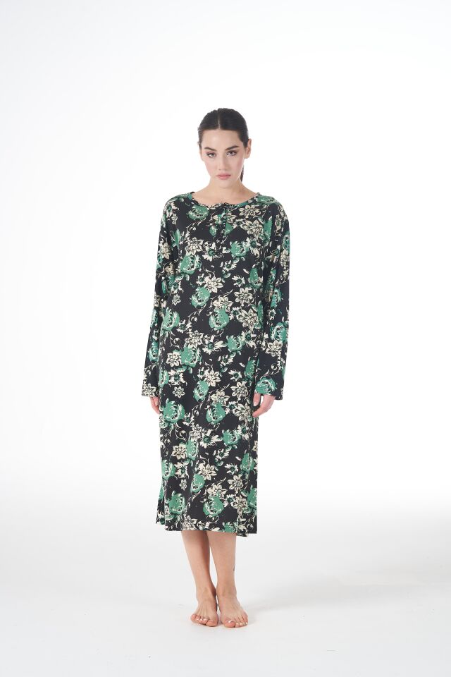 Kadın Yazlık Desenli Uzun Kollu Düğmeli Lycra Viskon Günlük Elbise L - Yeşil