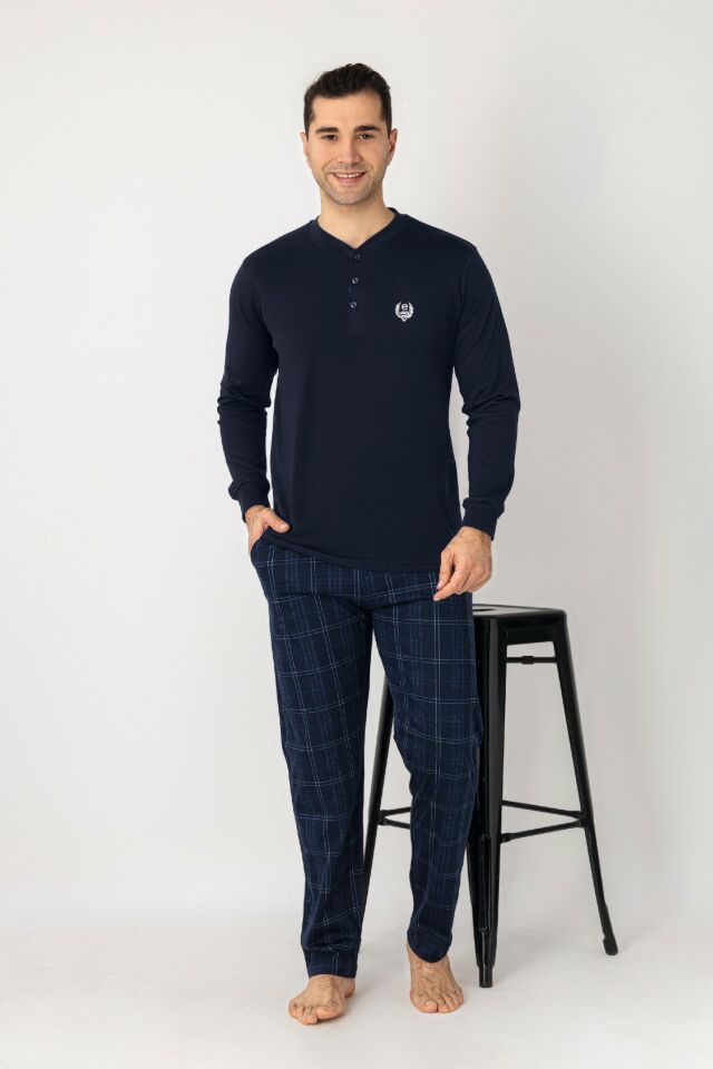 Estiva Erkek Kareli Alt Desenli Lacivert Uzun Kollu Patlı Penye Pijama Takımı