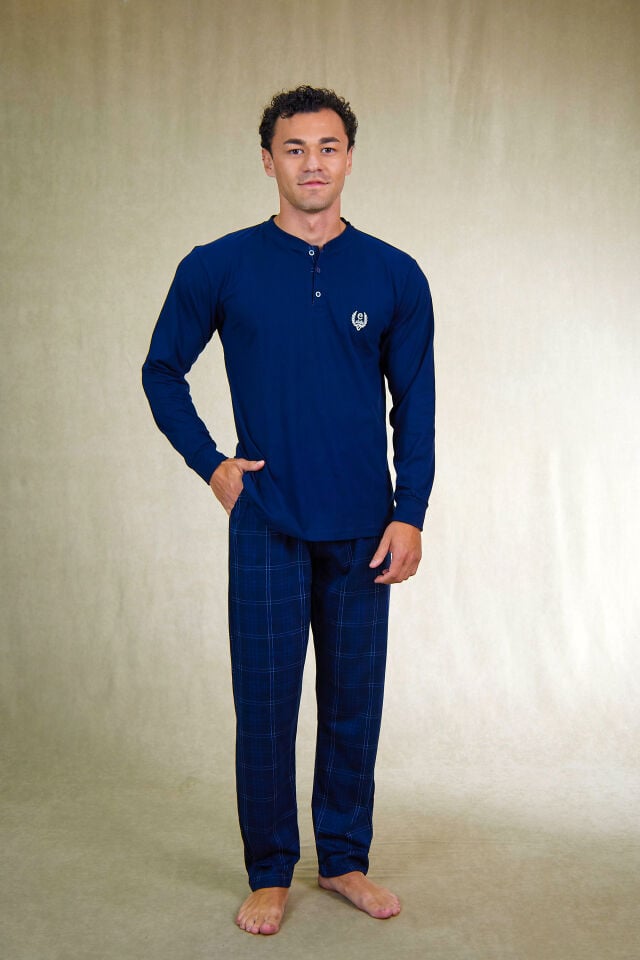 Estiva Erkek Kareli Alt Desenli Lacivert Uzun Kollu Patlı Penye Pijama Takımı