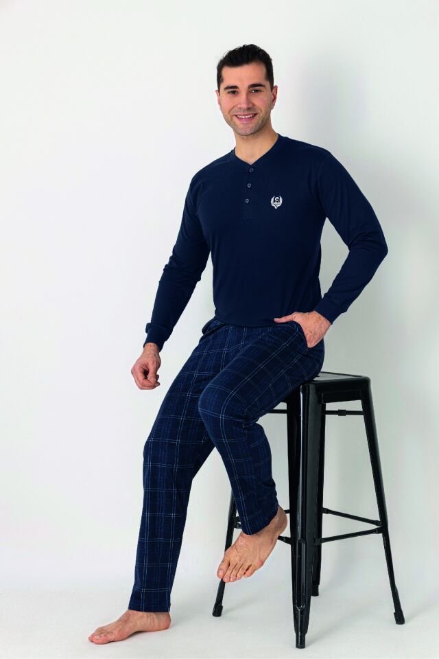 Estiva Erkek Kareli Alt Desenli Lacivert Uzun Kollu Patlı Penye Pijama Takımı