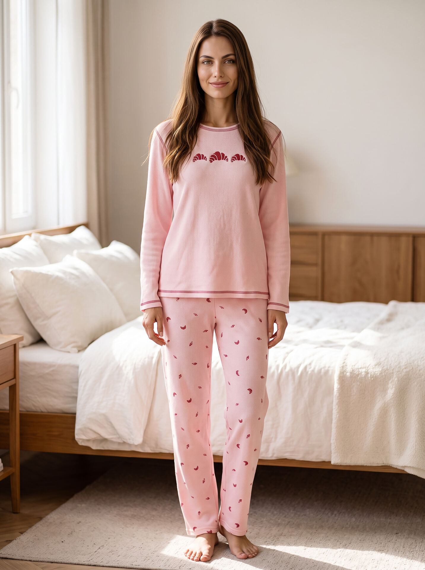Estiva Kadın Çörek Desenli Pembe Waffle Kumaş Pijama Takımı