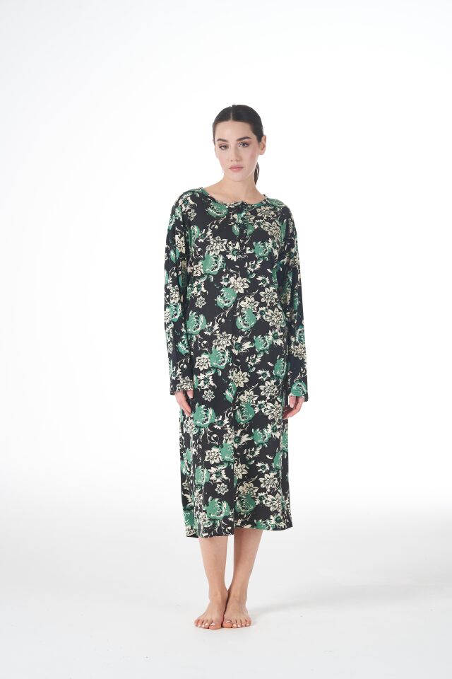 Kadın Yazlık Desenli Uzun Kollu Düğmeli Lycra Viskon Günlük Elbise XL - Yeşil