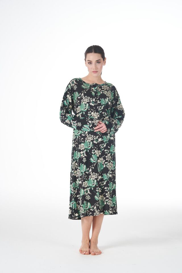 Kadın Yazlık Desenli Uzun Kollu Düğmeli Lycra Viskon Günlük Elbise 2XL - Yeşil