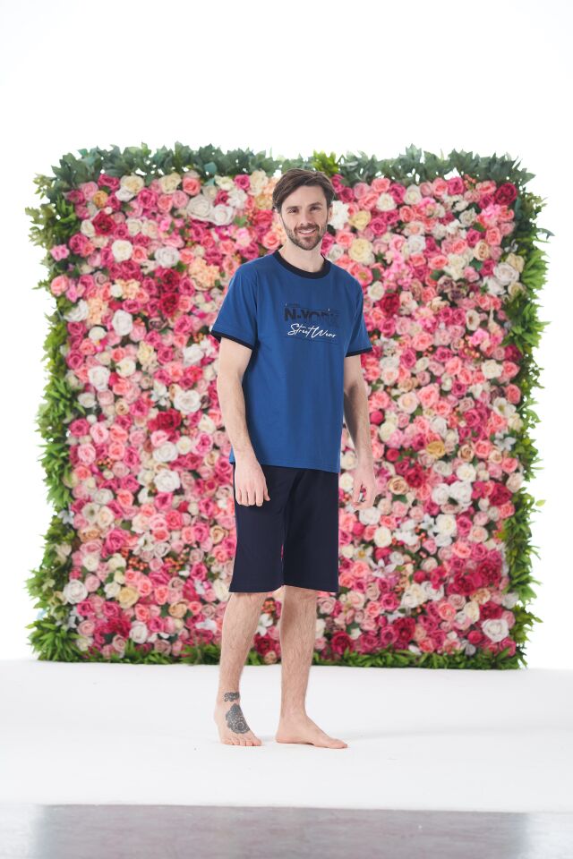 Erkek Yazlık N-York Baskılı Kısa Kollu Kaprili Penye Pijama Takımı L - İNDİGO