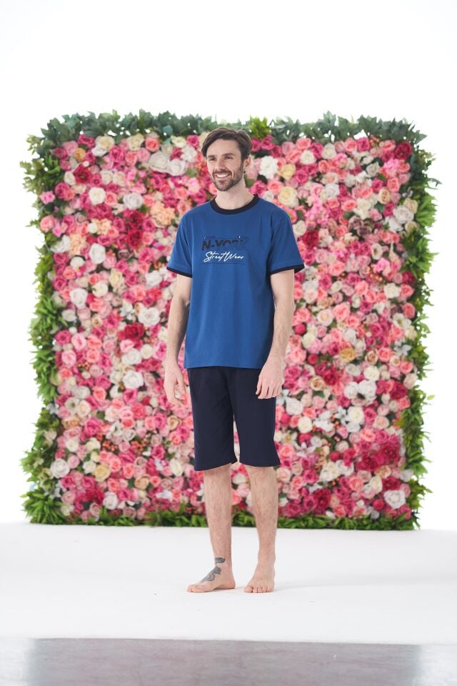 Erkek Yazlık N-York Baskılı Kısa Kollu Kaprili Penye Pijama Takımı XL - İNDİGO