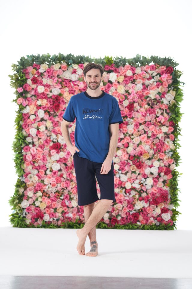 Erkek Yazlık N-York Baskılı Kısa Kollu Kaprili Penye Pijama Takımı XL - İNDİGO