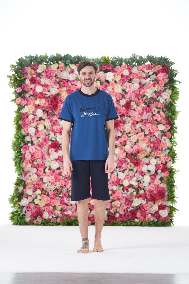 Erkek Yazlık N-York Baskılı Kısa Kollu Kaprili Penye Pijama Takımı XL - İNDİGO