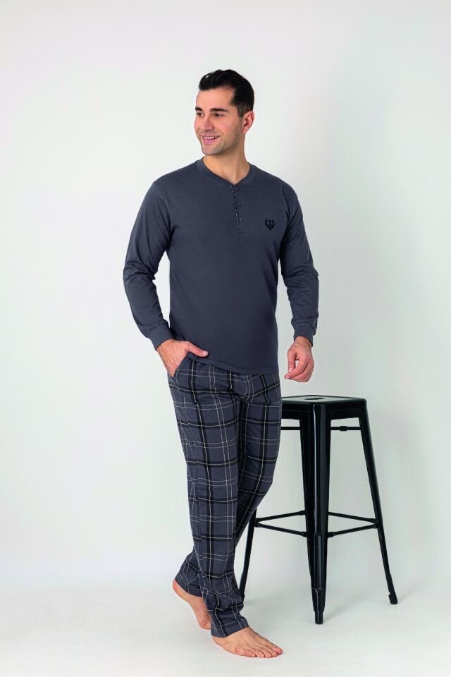 Estiva Erkek Kareli Alt Desenli Füme Uzun Kollu Patlı Penye Pijama Takımı
