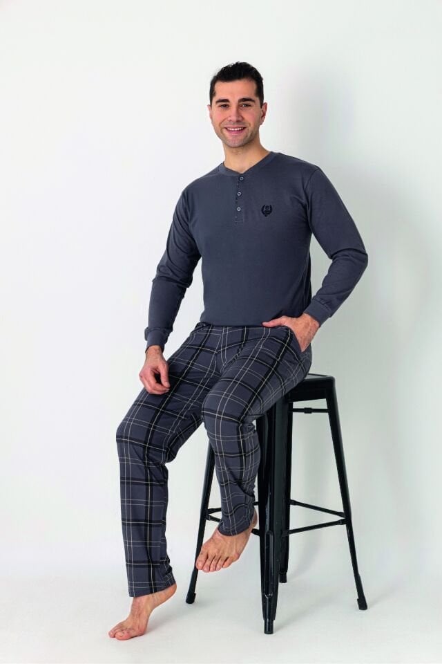 Estiva Erkek Kareli Alt Desenli Füme Uzun Kollu Patlı Penye Pijama Takımı