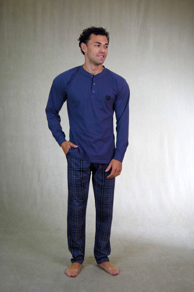 Estiva Erkek Kareli Alt Desenli Füme Uzun Kollu Patlı Penye Pijama Takımı alternatif görsel