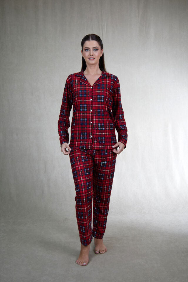 Estiva Kadın Kareli Kırmızı Önden Düğmeli Süet Pijama Takımı