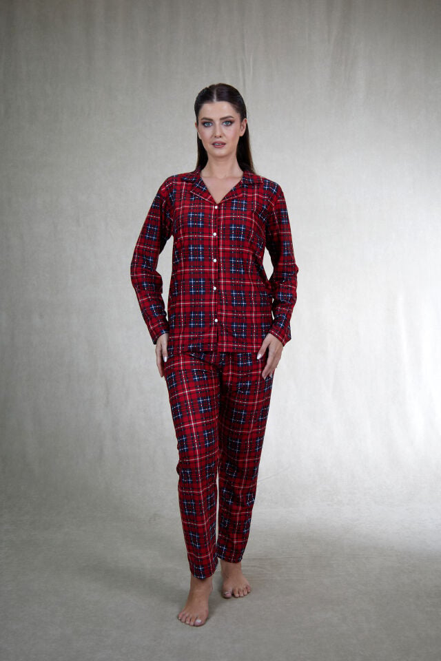 Estiva Kadın Kareli Kırmızı Önden Düğmeli Süet Pijama Takımı alternatif görsel