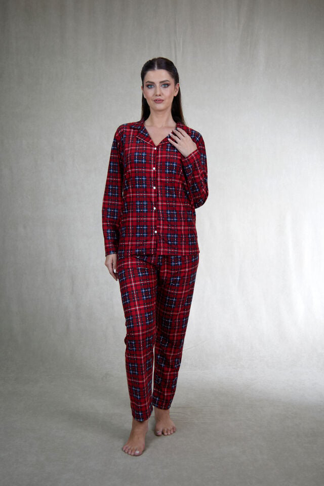 Estiva Kadın Kareli Kırmızı Önden Düğmeli Süet Pijama Takımı