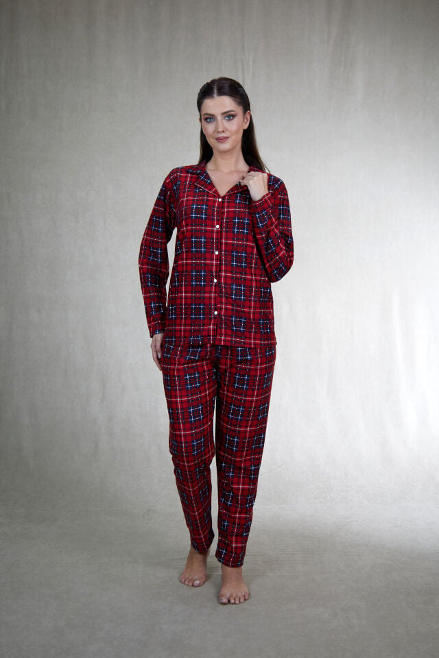 Estiva Kadın Kareli Kırmızı Önden Düğmeli Süet Pijama Takımı