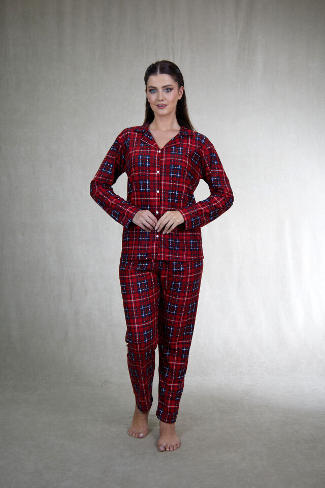Estiva Kadın Kareli Kırmızı Önden Düğmeli Süet Pijama Takımı