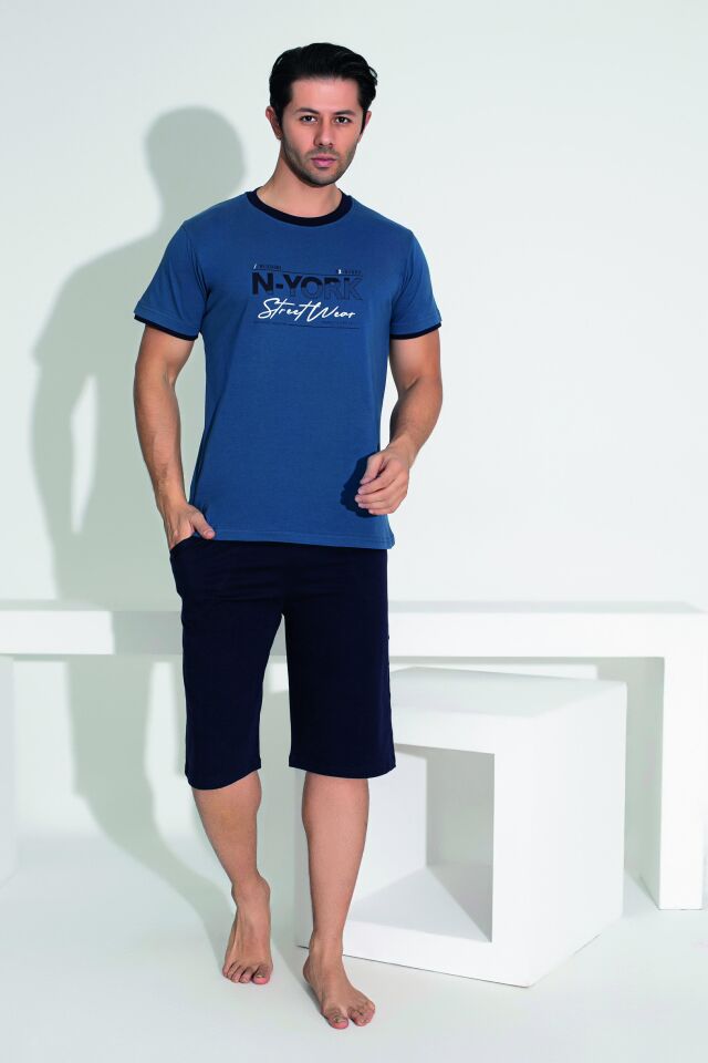 Erkek Yazlık N-York Baskılı Kısa Kollu Kaprili Penye Pijama Takımı 2XL - İNDİGO