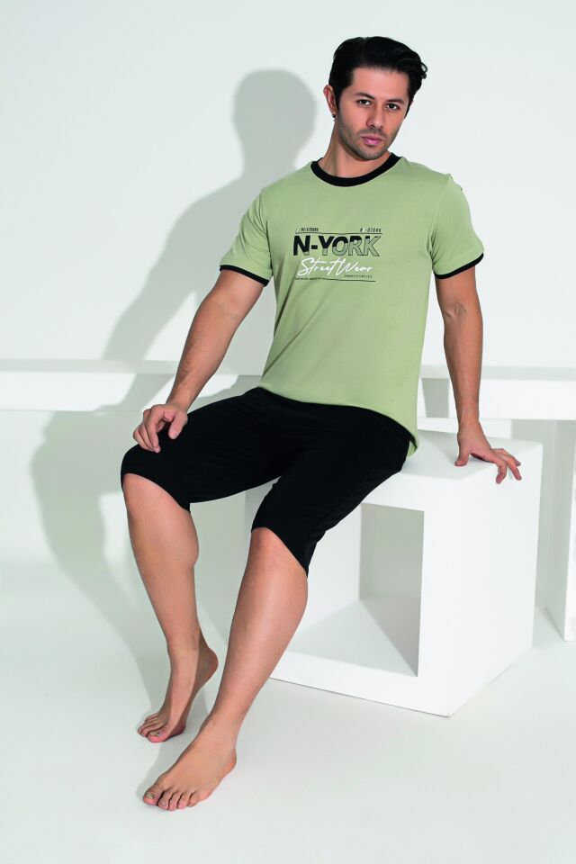 Erkek Yazlık N-York Baskılı Kısa Kollu Kaprili Penye Pijama Takımı M - Yeşil