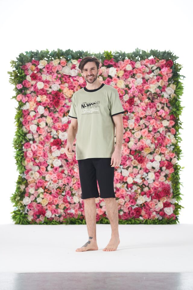 Erkek Yazlık N-York Baskılı Kısa Kollu Kaprili Penye Pijama Takımı L - Yeşil