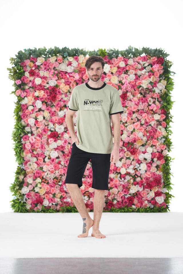 Erkek Yazlık N-York Baskılı Kısa Kollu Kaprili Penye Pijama Takımı L - Yeşil