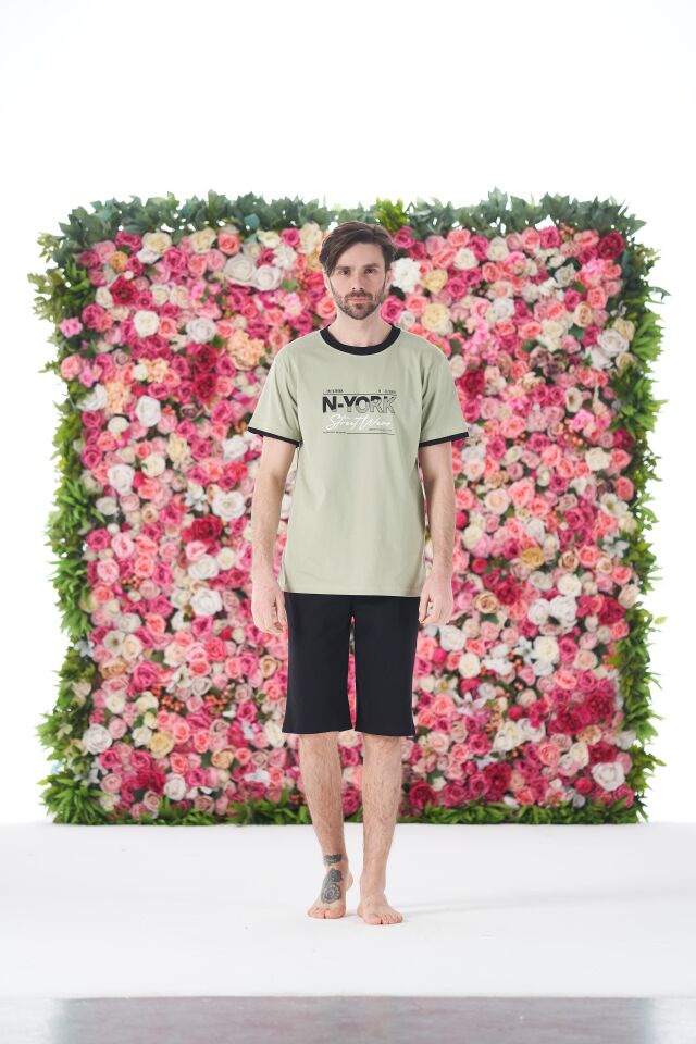 Erkek Yazlık N-York Baskılı Kısa Kollu Kaprili Penye Pijama Takımı L - Yeşil