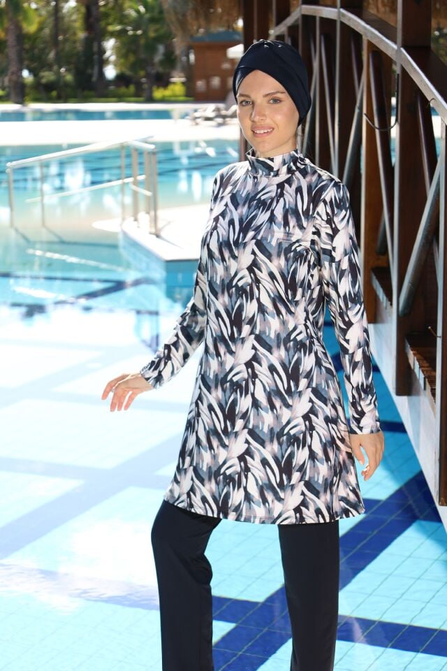 Estiva Botanik Desenli Taytlı Tam Kapalı Tesettür Mayo