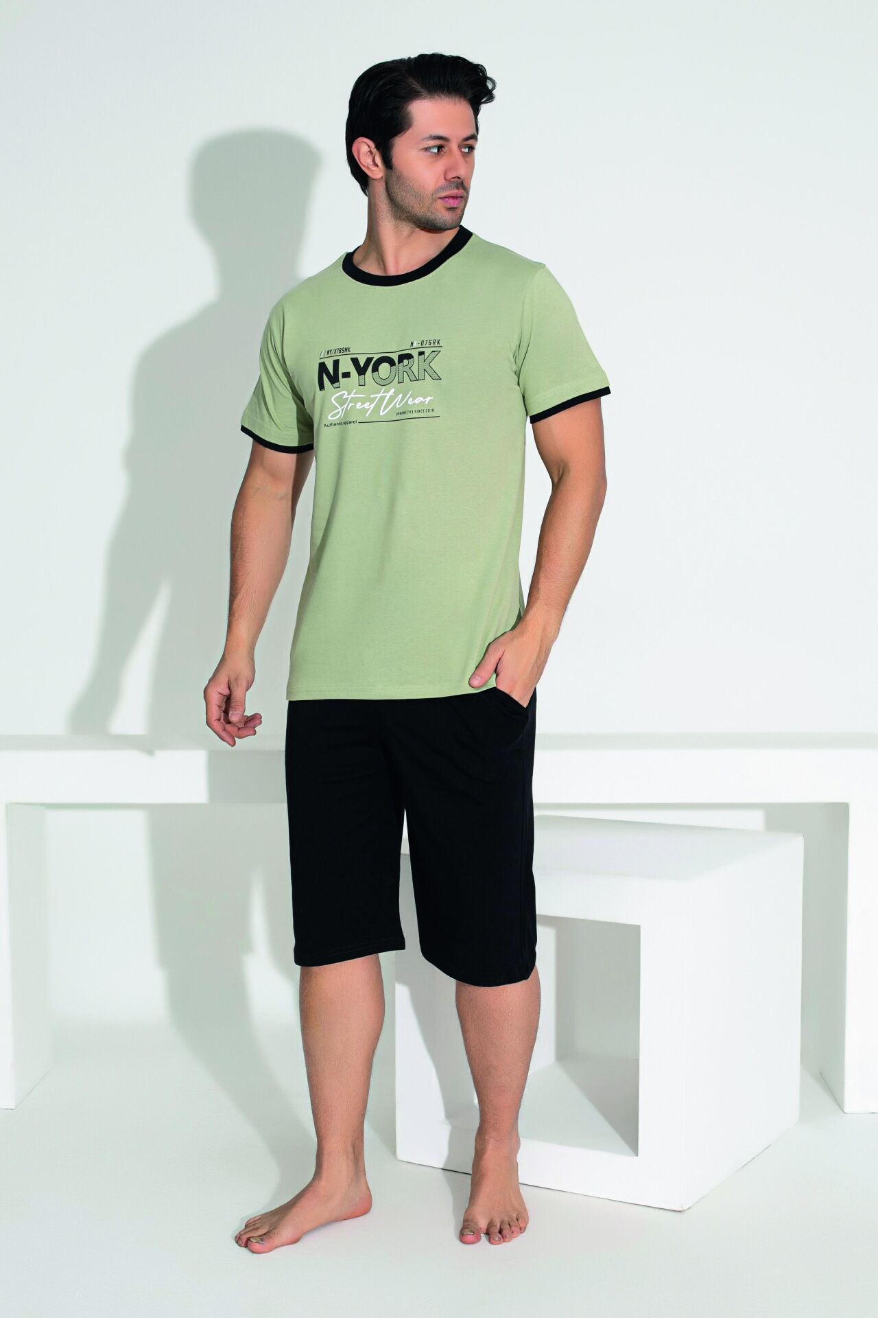 Erkek Yazlık N-York Baskılı Kısa Kollu Kaprili Penye Pijama Takımı 2XL - Yeşil