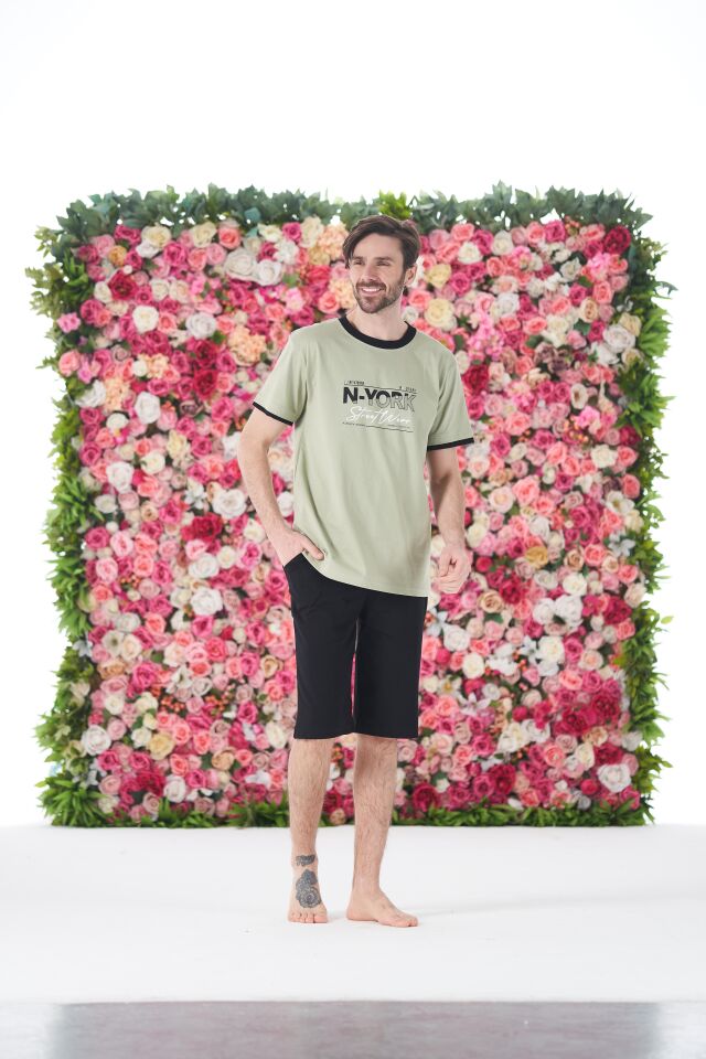 Erkek Yazlık N-York Baskılı Kısa Kollu Kaprili Penye Pijama Takımı 2XL - Yeşil