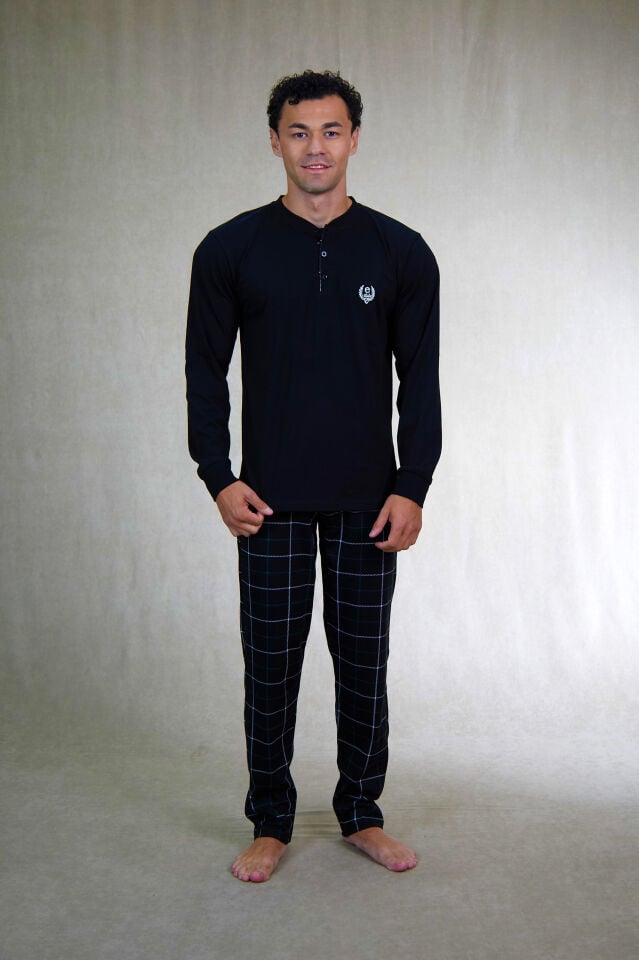 Estiva Erkek Kareli Alt Desenli Siyah Uzun Kollu Patlı Penye Pijama Takımı