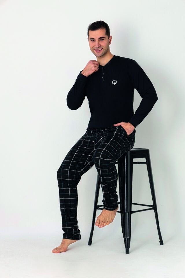 Estiva Erkek Kareli Alt Desenli Siyah Uzun Kollu Patlı Penye Pijama Takımı