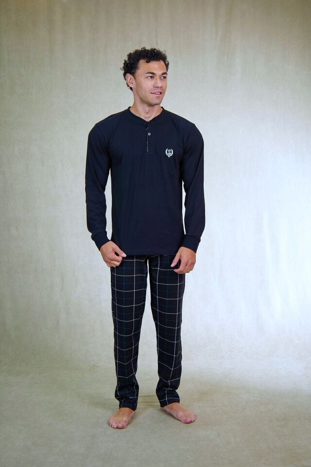 Estiva Erkek Kareli Alt Desenli Siyah Uzun Kollu Patlı Penye Pijama Takımı alternatif görsel
