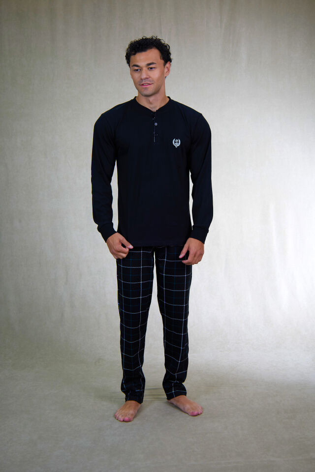 Estiva Erkek Kareli Alt Desenli Siyah Uzun Kollu Patlı Penye Pijama Takımı