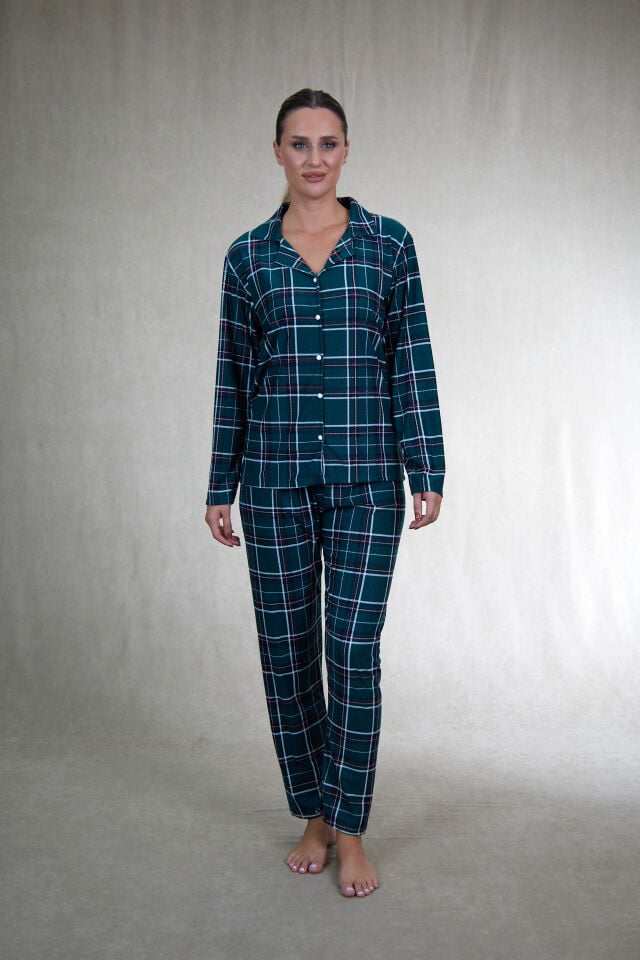 Estiva Kadın Kareli Yeşil Önden Düğmeli Süet Pijama Takımı