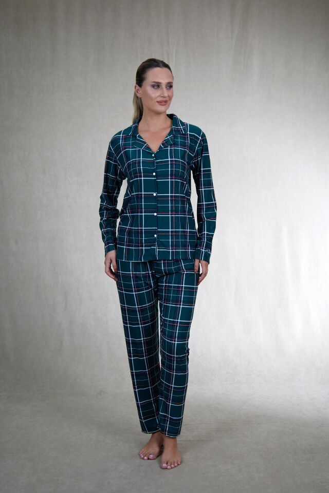 Estiva Kadın Kareli Yeşil Önden Düğmeli Süet Pijama Takımı