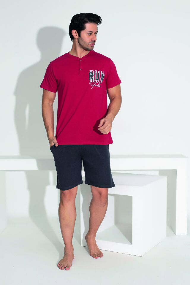 Erkek Yazlık Run Baskılı Kısa Kollu Düğmeli Şortlu Penye Pijama Takımı L - Bordo