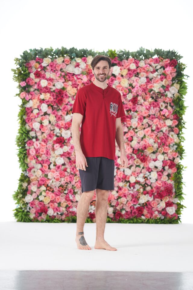 Erkek Yazlık Run Baskılı Kısa Kollu Düğmeli Şortlu Penye Pijama Takımı L - Bordo